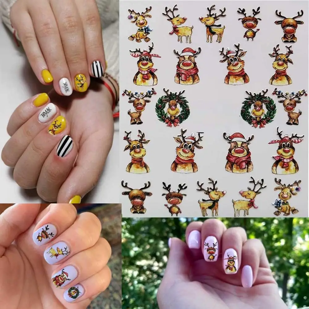 

3D Acrylic Engraved Christmas Series Nail Sticker Embossed Snowman Flower Cute Elk Line Water Decal Empaistic Nail Water Sticker