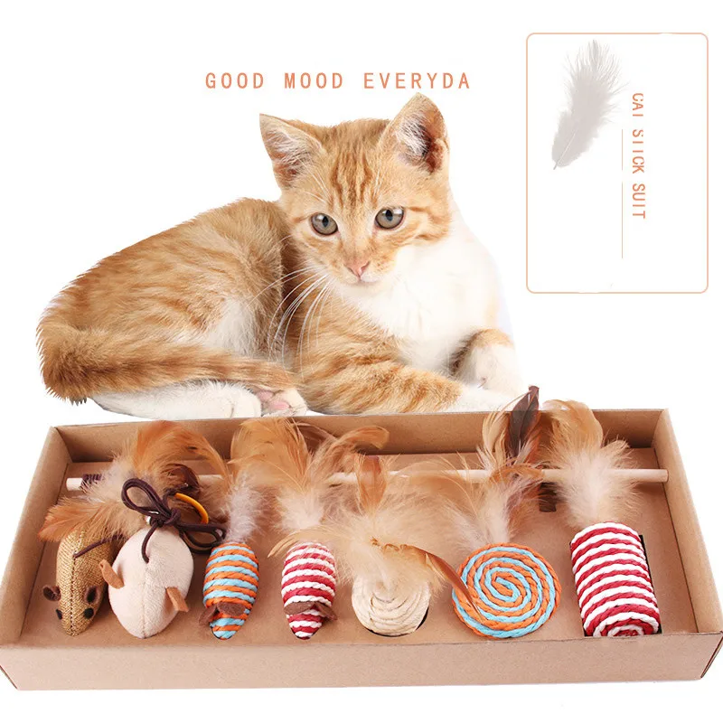

7-Pcs/ Set New Funny Cat Stick Set Pet Cats Interactive Play Toy Simulation Mouse Molar Feather Pet Supplies Gift for Cat