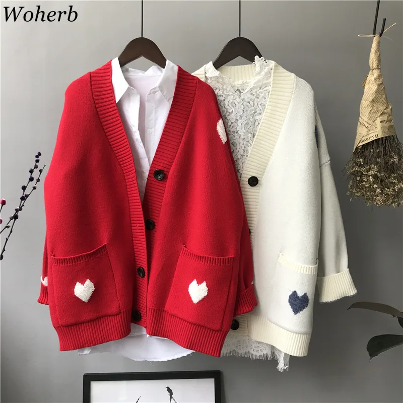 Woherb/осень-зима, вязаный кардиган средней длины, повседневный корейский свитер с вышивкой в виде сердца, свитер-накидка, женские вязаные куртки