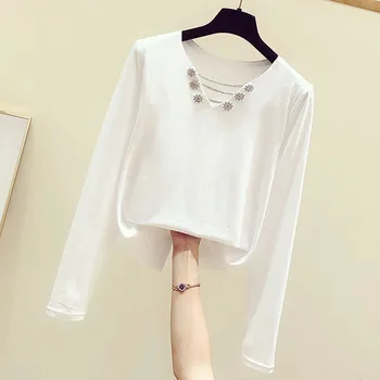 

Tshirt Women 2020 Spring New Fashion Diamond Chain Spell V-neck Long-Sleeve Solid Color T-shirt Women's Casual Temperament Top