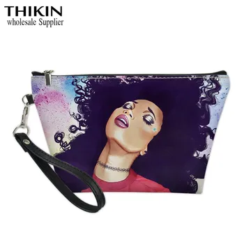 

THIKIN Women Makeup Case Black Art Afro Girl Print Lady Make Up Bag Organizer for Cosmetics Travel Necessaire Cosmetic Bag Bolsa