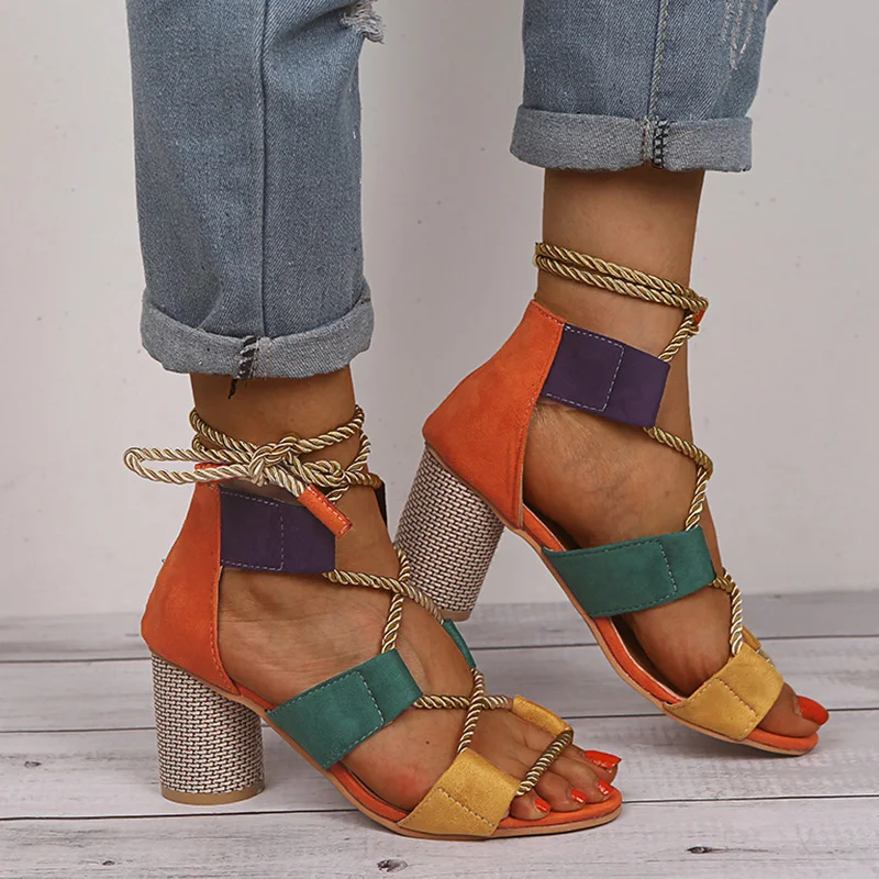 

High Heels Sandals Women Open Toes Thick Heel Ladies Sandals Fashion Ankle Strap Female Sandals Summer Shoes Plus Size 35-43