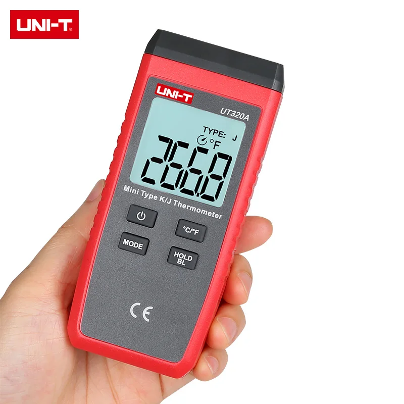 Goede UNI T Thermometer Thermokoppel UT320D UT320A Mini Contact Type Dual Channel K J Temperatuurmeter Achtergrondverlichting Data Keep Off Auto