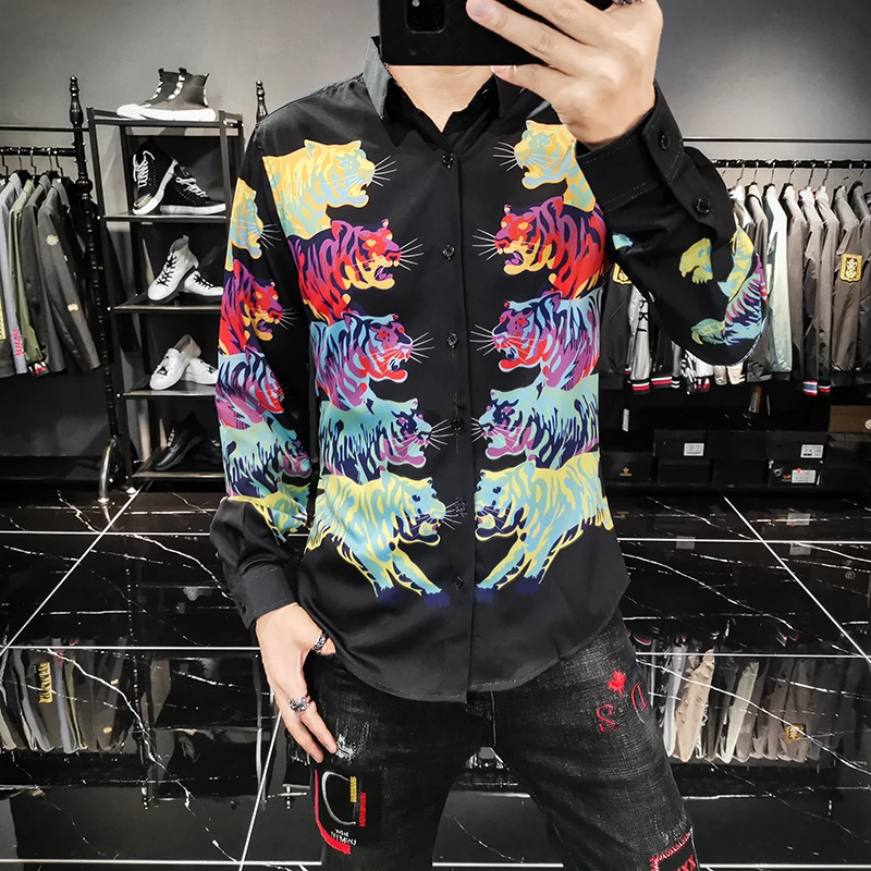 

Autumn Men Shirt Black Tigers Print Long Sleeve Slim Fit Shirts Male Social Street Fashion Clothing Regular Cotton Camisa M-3XL