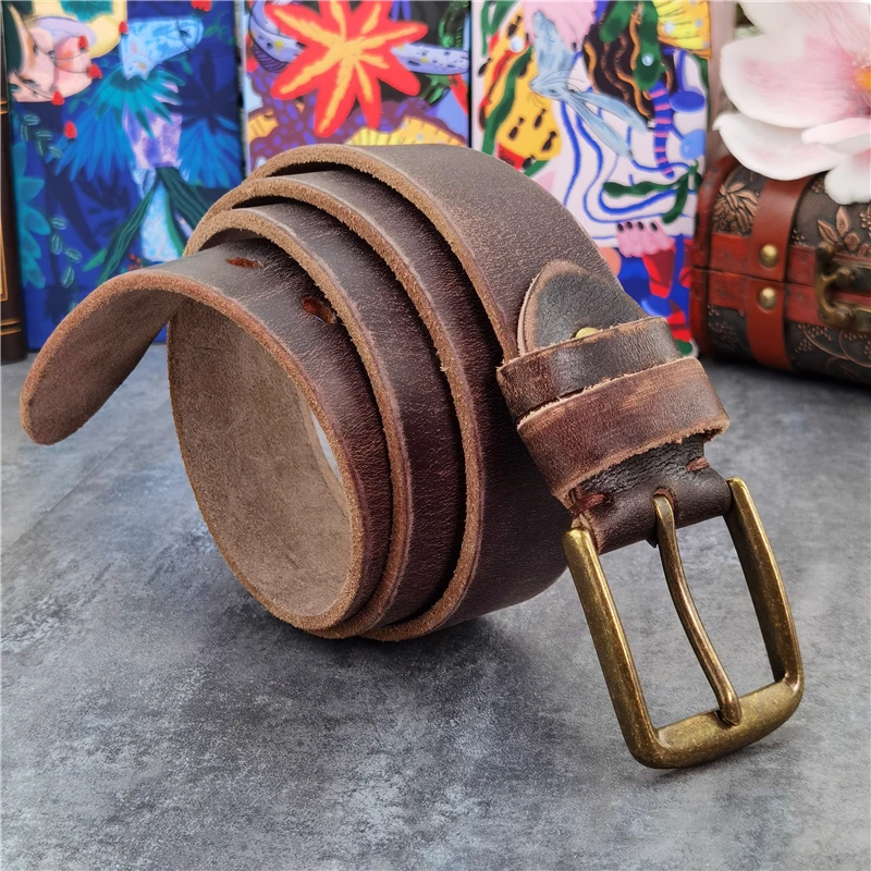 Cowboy Jeans Men's Leather Belt Retro Brass Belt Buckle Leather Belt Thick Vintage Luxury Waist