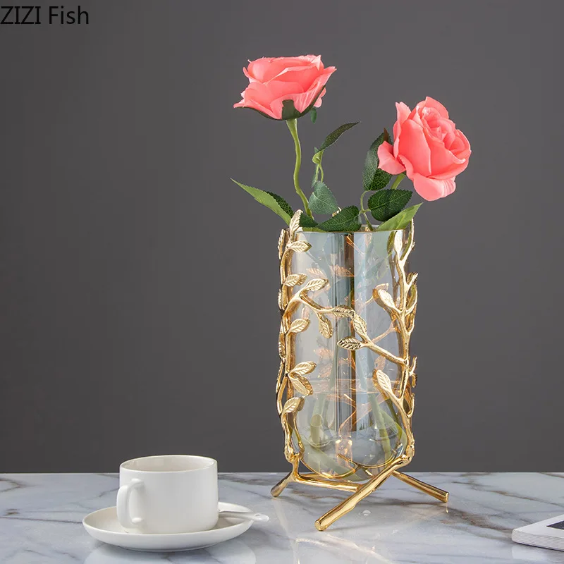 Hollow Gold Metal Frame Branches Rattan Transparent Glass Flower Vase 4 Hollow Gold Metal Frame Branches Rattan Transparent Glass Flower Vase 4