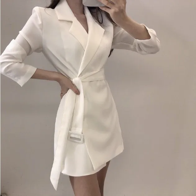 Корейский модный Женский блейзер, пальто, новый весенне-осенний Женский Средний длинный белый костюм, куртка Ins, одежда для досуга, верхняя