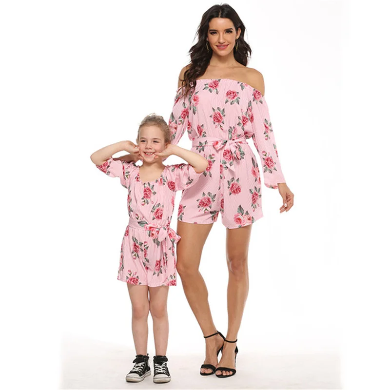 Г. Комбинезон «Мама и я» в богемном стиле с цветочным принтом, одежда для маленьких девочек летнее платье для мамы и дочки комбинезоны, семейная одежда, C0703 - Цвет: Pink C0703