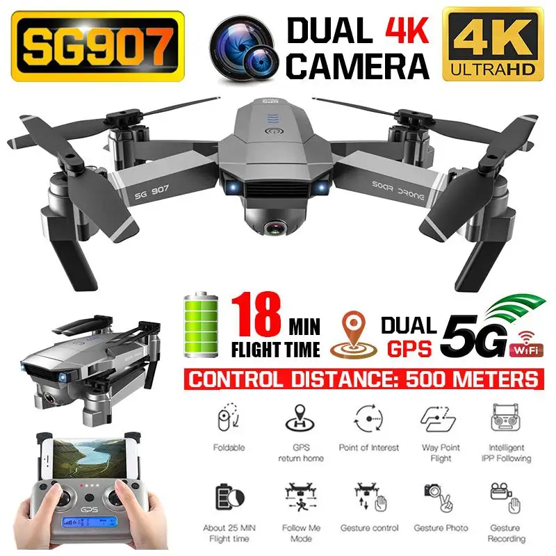 Дрон SG907 с GPS и двойной HD камерой 4K 1080P складной мини-Квадрокоптер оптическим