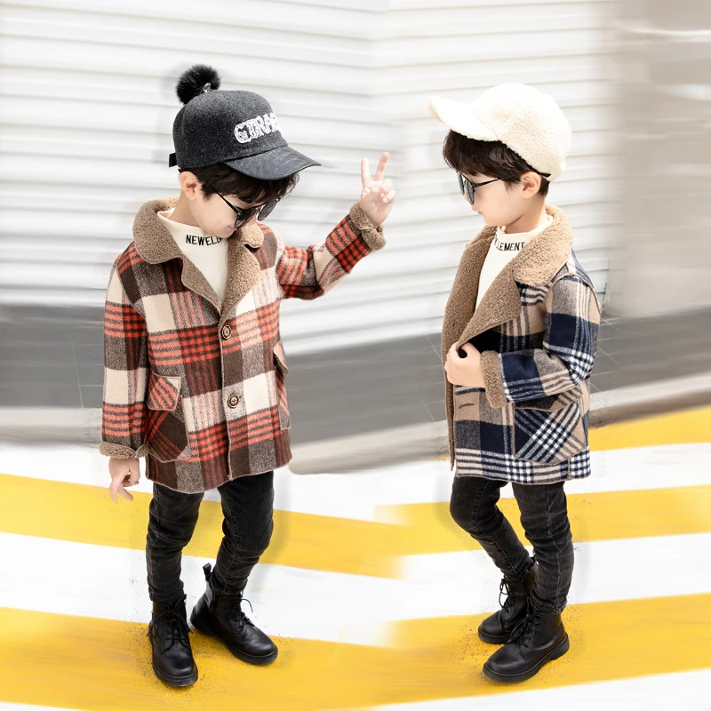 Foreign Trade Boys Tweed Coat Fall Winter Children's Casual Velvet Plaid Woolen Jacket Overcoat Baby Kids Outerwear Clothes X496