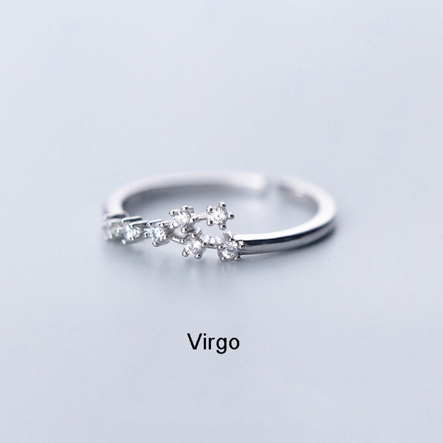 Elegant Zodiac Sign Finger Rings for Women Silver Color Adjustable CZ Zircon Ring 12 Constellation Jewelry Birthday Gift