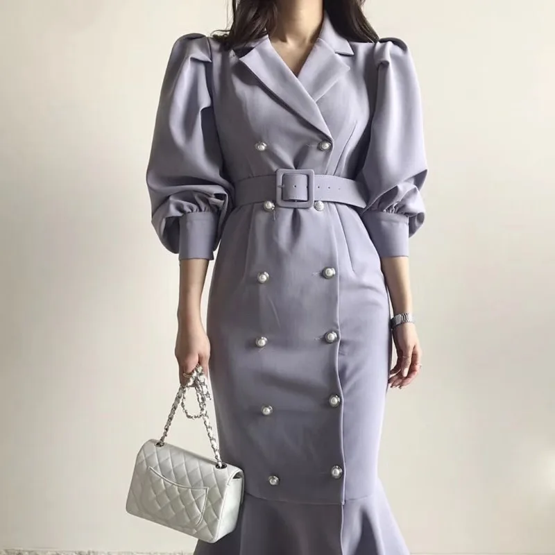

Spring Autumn New Women's French Retro Puff Sleeve Suit Collar Double-Breasted Slim Wrap Mermaid Dress With Belt