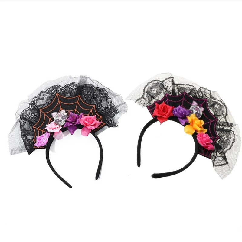 

Day of The Dead Spiderweb Headband Flower Skull Lace Halloween Cosplay Hair Hoop