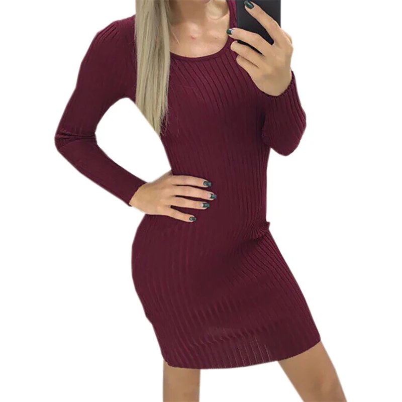 

Bodycon Dress Women O-neck Long Sleeve Mini Dress Solid Color Women Clothes Party Dresses Boho Beach Dress Fashion Clothes 2019