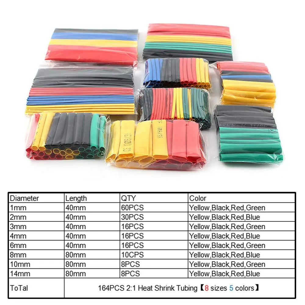 

164pcs Polyolefin Shrink Assorted Heat Shrink Tube Wire Cable Insulated Sleeving Tubing Shrink Ratio 2:1
