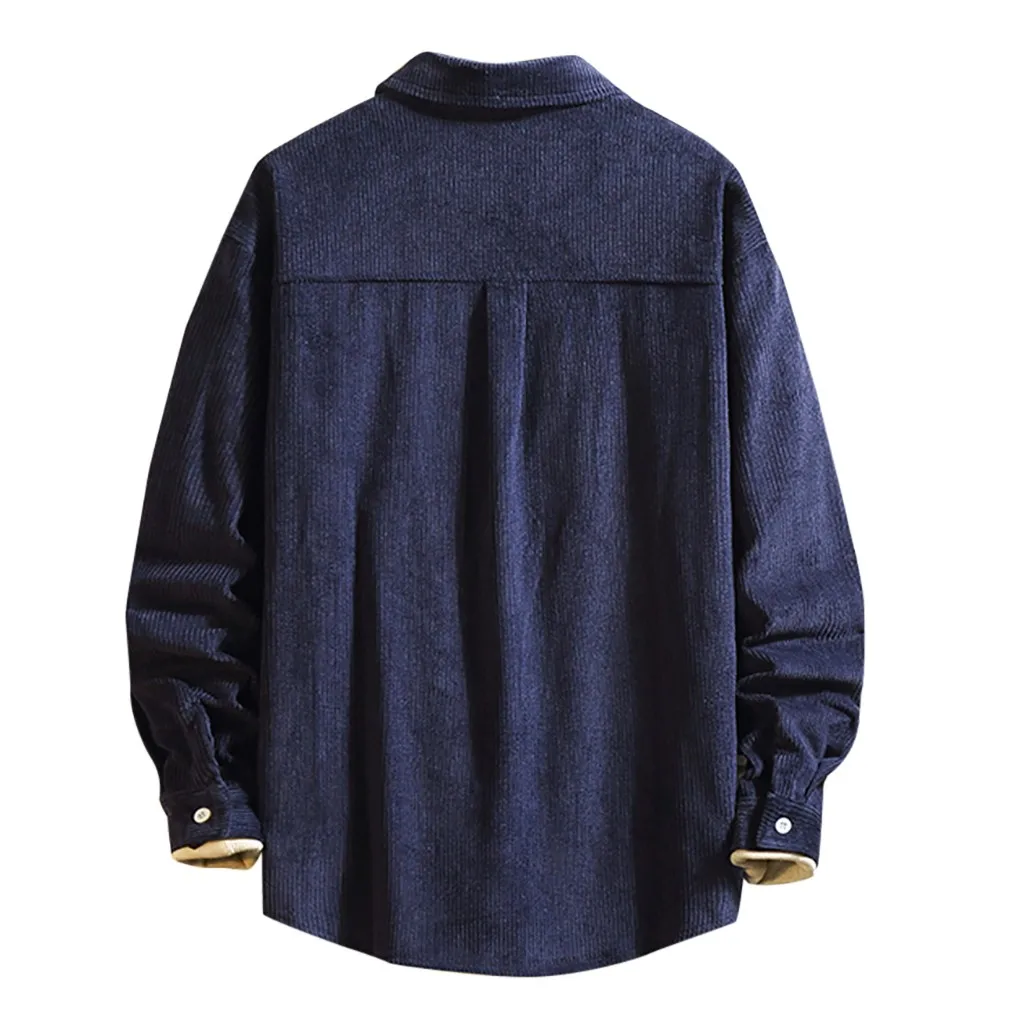 Мужская рубашка, Осень-зима, вельвет, Camisa, с карманами, топы, повседневная, модная, чистый цвет, с отворотом, длинный рукав, Повседневная рубашка, топ, Мужская блузка