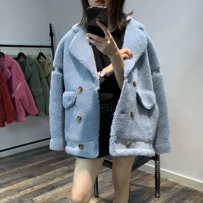 blue Женская осенне-зимняя куртка из зернистой овечьей шерсти года Новая повседневная теплая куртка из натуральной шерсти с отворотом женская мягкая уличная одежда из овечьей шерсти N103 - Цвет: blue