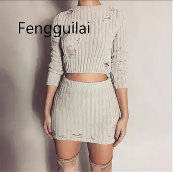 

FENGGUILAI Women Autumn Knitted Dress Sexy 2 Piece Set Fashion Hollow Out Holes Mini Dress Sexy Crop Top Ladies Two Piece Set