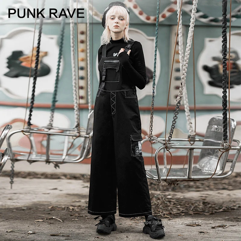 Черный Панк рейв девушки Готический прямой свободные подтяжки карго с карманами брюки черные женские комбинезоны - Цвет: Черный