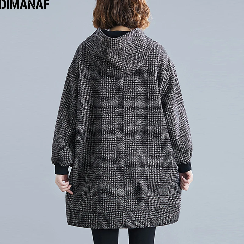 Ceny DIMANAF Plus rozmiar zima kobiety bluzy z kapturem bluzy z kapturem Oversize w stylu vintage Plaid kobiet swetry Top luźna bawełniana gruba z kapturem ubrania