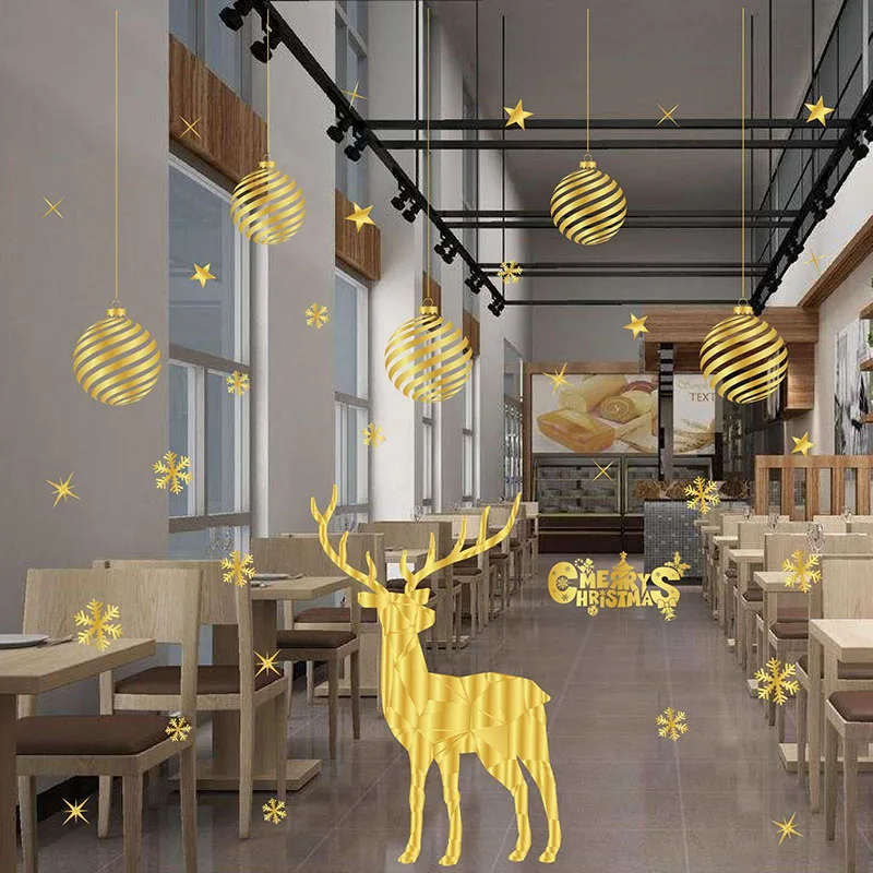 

1 Sheet 2020 New Christmas Wall Sticker Cute Deer Gold Snowflakes Suitable for Shop Window Decoration Creative Festive Decals