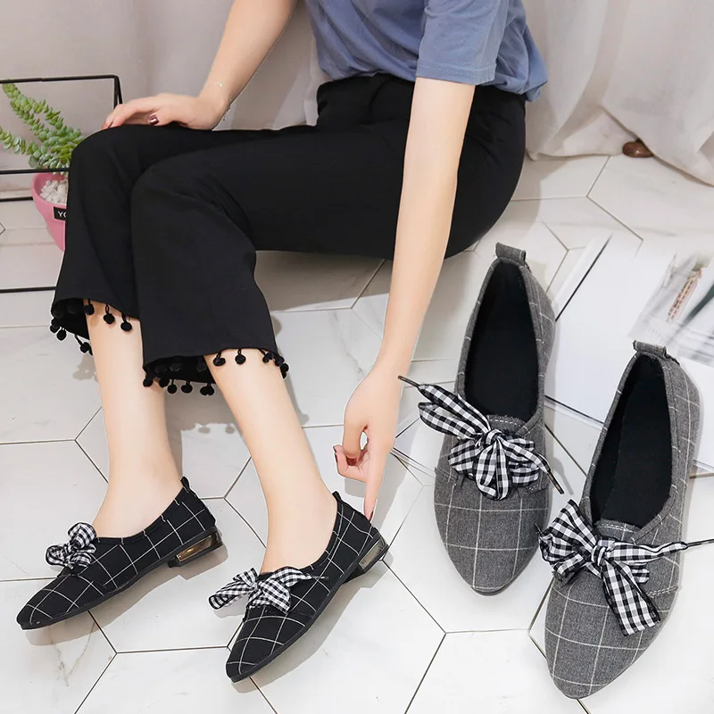 

2018 Summer New Style Women's Bow Shoes Low Top England Fashion Students Shallow Mouth Pointed Flat Heel Flat Top Shoes