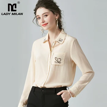 

100% Pure Silk Women's Runway Shirt Turn Down Collar Long Sleeves Embroidery Elegant Fashion Blouse Shirt