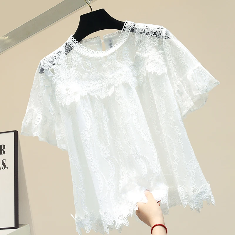 Short Sleeved Lace Blouse for Women Summer White Pink Lace Shirt Girls Students Lace Blouses Tops Blusas Mujer De Moda 2020