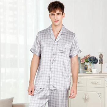 

100 Silk pajamas men suit short-sleeved two-piece Sleepwear summer spring bottoms solid color Blue 100% silk home suit