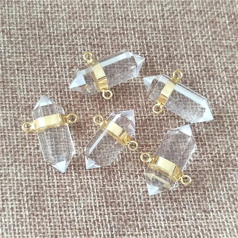 FUWO Wholesale Natural Crystal Quartz Point Pendant,Golden Double Bail Healing Stone Accessories For Necklace Making PD379 5Pcs