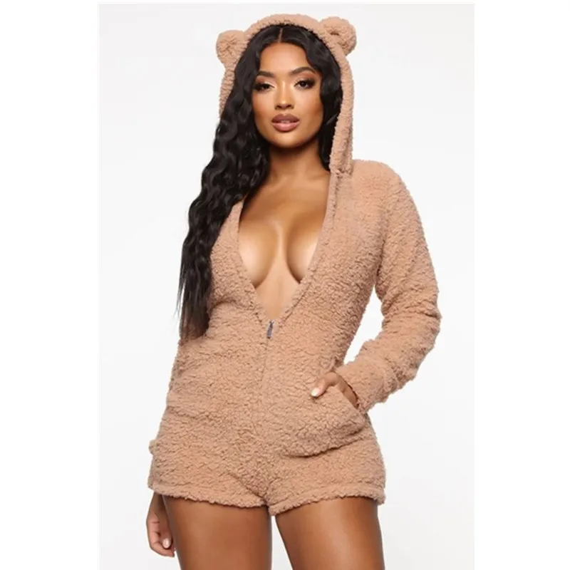 

Women Cartoon Bear Sleepwear Solid Color Long Sleeve Side Pockets Fuzzy Hooded Romper Short Jumpsuit