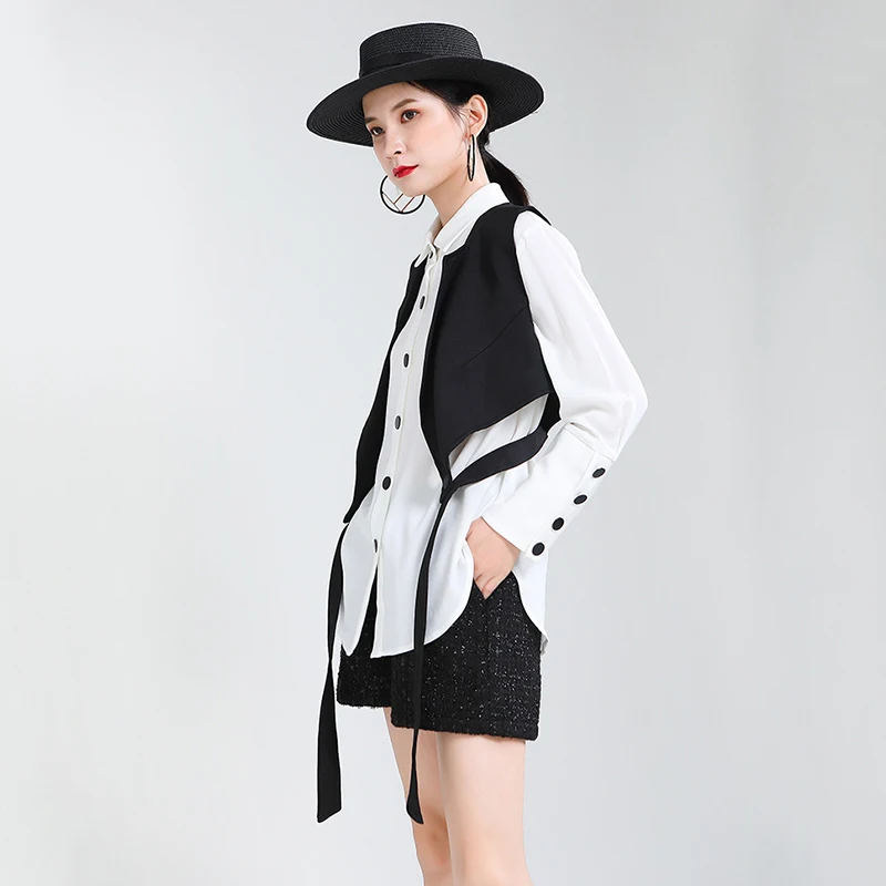 [EAM] Women Black Irregular Split Big Size Blouse