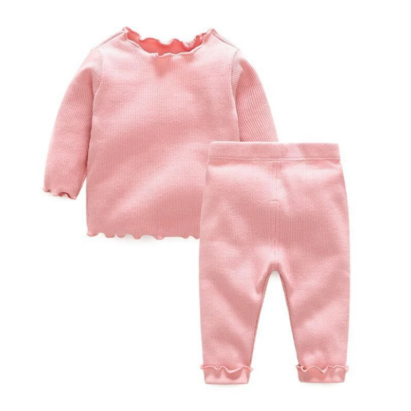 1Pc Baby Kids Girls Boys Long Sleeve Blouse+Pants Wave lace Pajamas Cotton pure colour Sleepwear Set