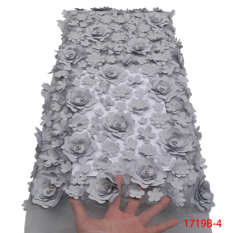 

Luxury Gray 3D Flowers Fabric with Beads Embroidery French Tulle Mesh Lace African Nigerian Net Lace for Wedding Dress APW1719B
