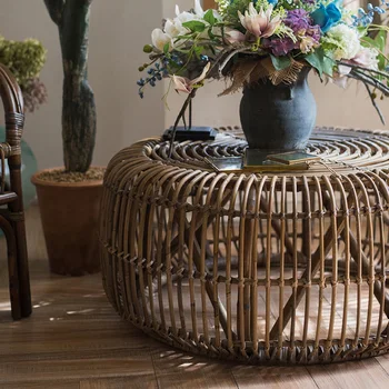 

Small table Southeast Asia retro style natural rattan round coffee table
