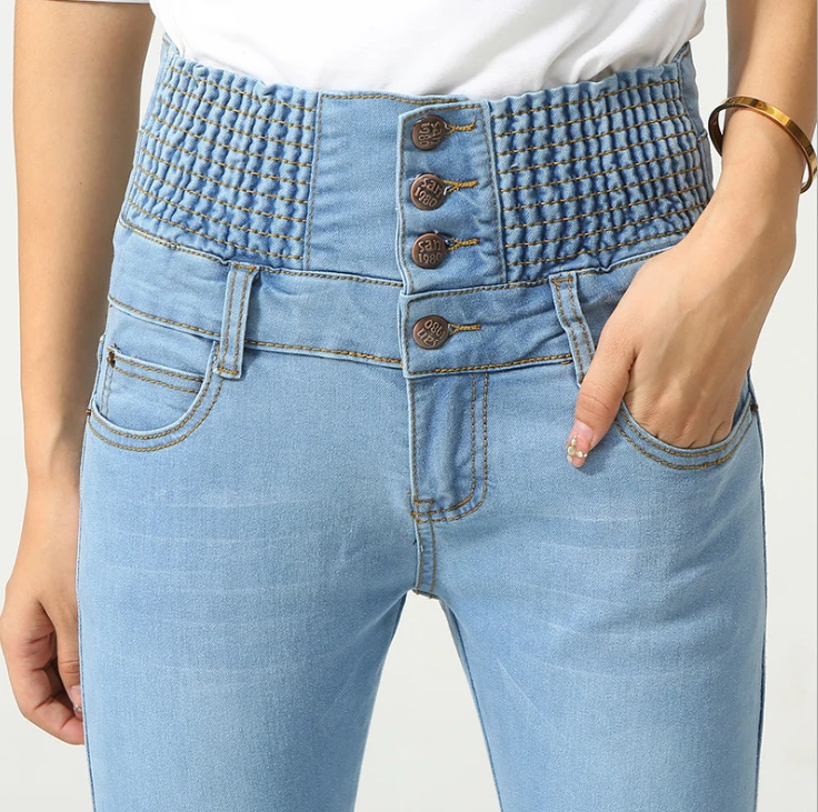 Джинсы с высокой талией для женщин с металлической пуговицей размера плюс 5XL эластичные джинсы женские потертые джинсовые узкие брюки ouc603