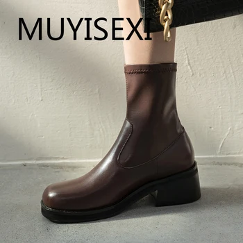 

Women genuine leather 5.5cm med heels zip round toe keep warm movie star office silp on elastic nude ankle boots HCHX03 MUYISEXI