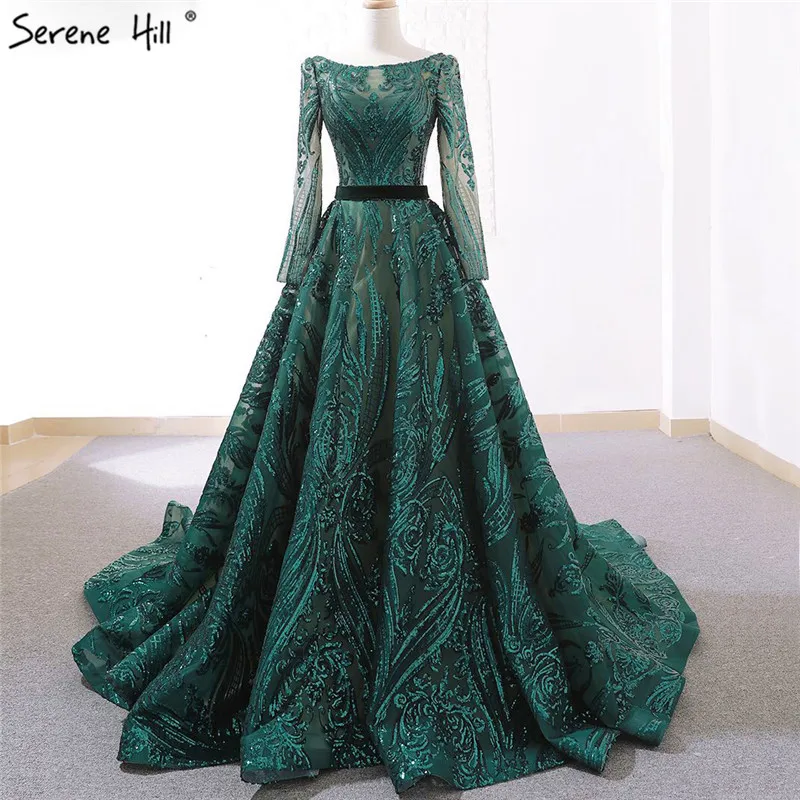 Коллекция, платья для выпускного вечера с длинным рукавом, расшитые блестками, мусульманское зеленое ТРАПЕЦИЕВИДНОЕ роскошное платье для выпускного вечера, настоящая фотография, BLA60799 - Цвет: green