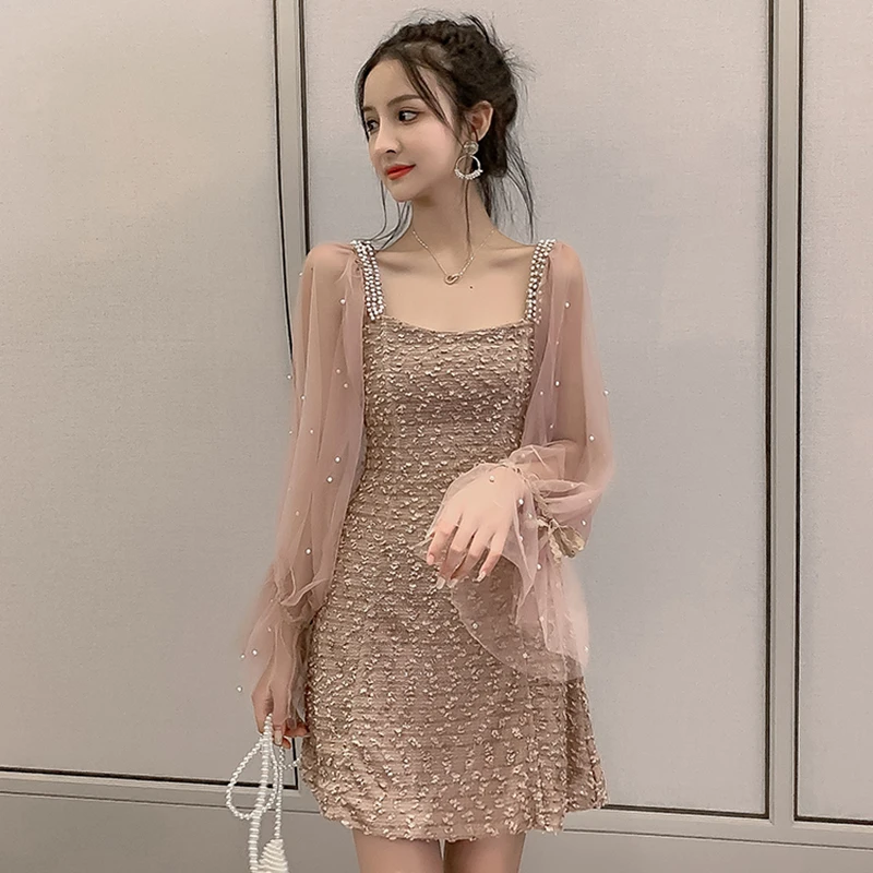 Billige Vintage Perlen Mesh Patchwork Koreanische Kleid Frauen S XL Herbst Straße Süße Damen Kleider Kawaii Mini Elegante Kleid Langarm
