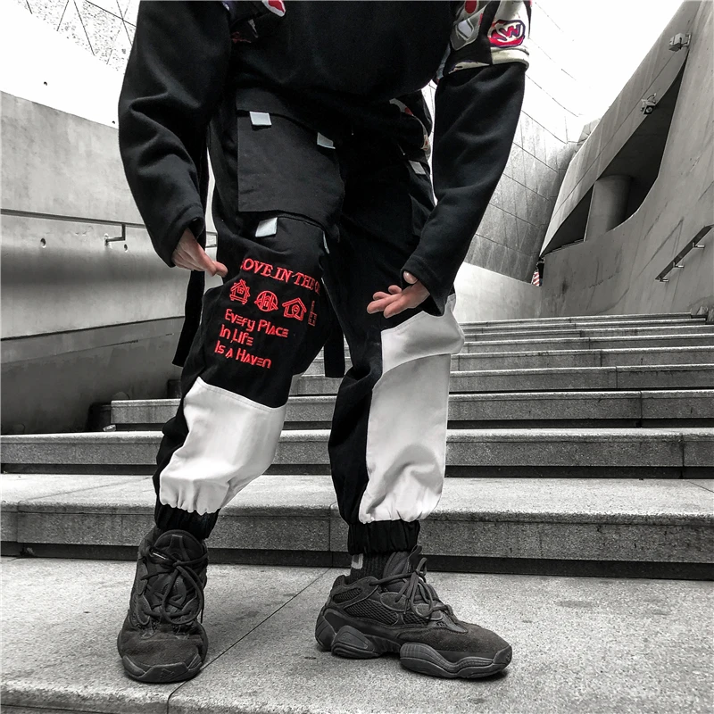 Мужские хип-карго брюки уличная японская Harajuku Свободные Штаны для бега спортивные брюки винтажные шаровары брюки с вышивкой Love US XL
