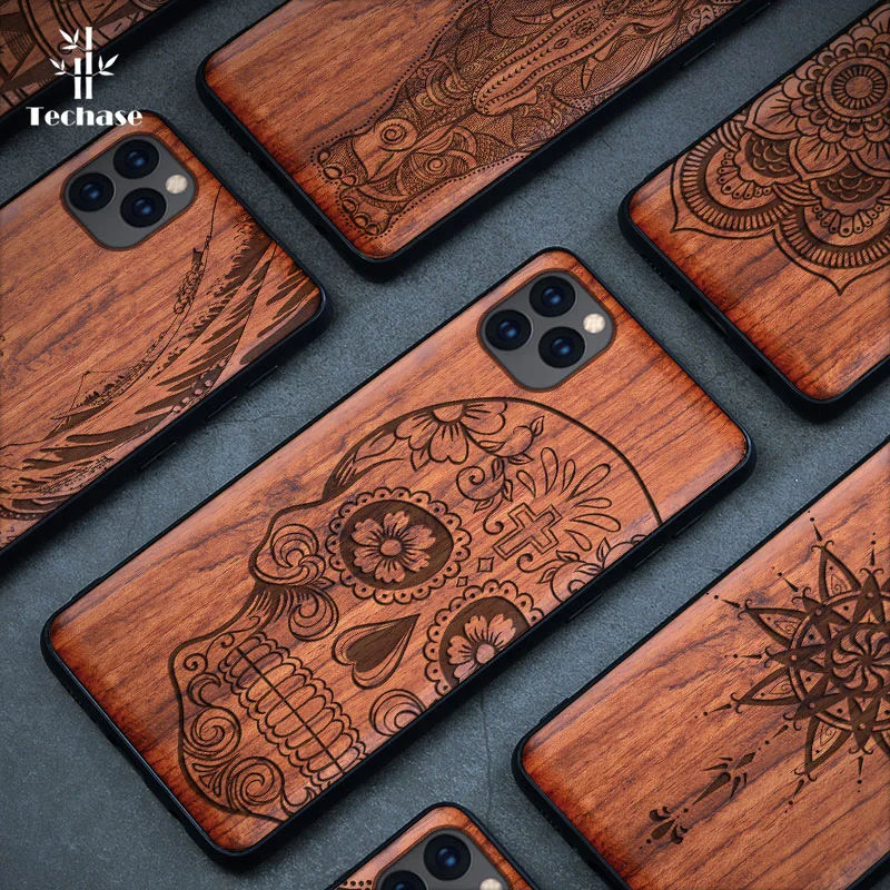 Techase Wood Phone Case For iPhone 11 Pro Rosewood Back Cover Soft Frame Anti-knock Apple 6 7 8 Plus X XS XR XSMAX | Мобильные
