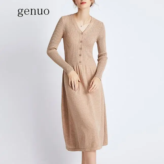 

Genuo New 2020 Autumn Women Solid Color Dress Long-sleeved Button V Collar Mid-calf Dress Elegant OL Casual Dress