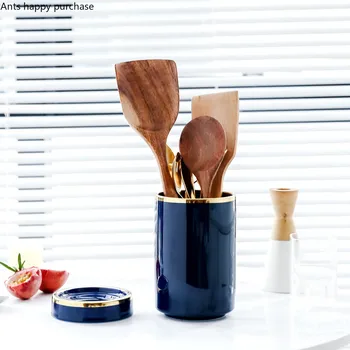 

Northern European Blue Chopsticks Tube Ceramic Jar Household Kitchen Kitchenware Knife Cross Spoon Chopsticks Drain Cage Round