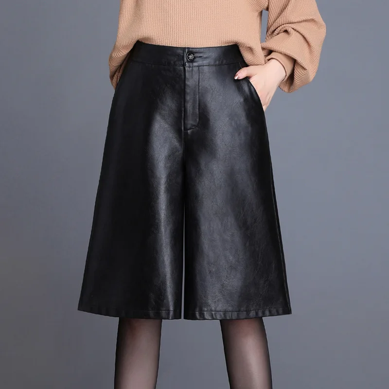 Kohuijoo осенние брюки из искусственной кожи женские большие размеры Высокая талия до колен брюки Женские однотонные карманы повседневные широкие брюки из искусственной кожи - Цвет: Черный