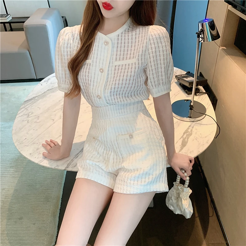 New Summer Elegant Women Blue Shorts Set Fashion Puff Sleeve Single Breasted White  Plaid Top High Waist Shorts 2 Piece Sets co ord sets