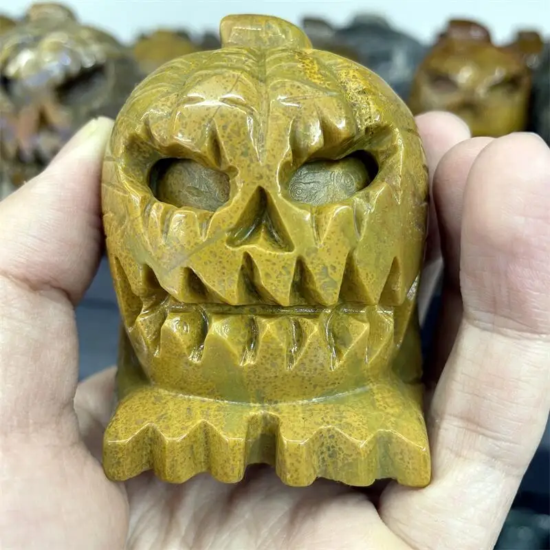 

Natural Crystal Quartz Ocean Jasper Skull Pumpkin Figurine Reiki Healing Hand Carved Home Halloween Decoration Gift