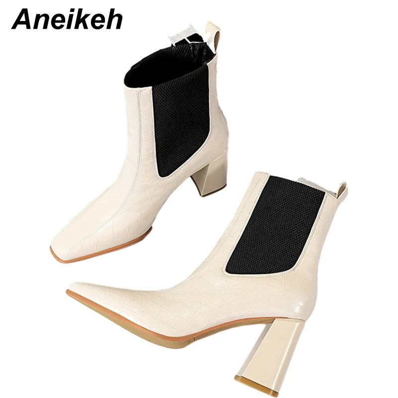 Aneikeh Women's Winter Boots 2020 Sewing Fashion Casual Retro Patchwork Elastic Band Concise Wedding Chelsea ANKLE Ladies Shoes
