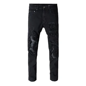 

Fashion Streetwear Men Jeans Black Color Slim Fit Stretch Ripped Jeans Homme Patchwork Designer Hip Hop Jeans Men Biker Pants