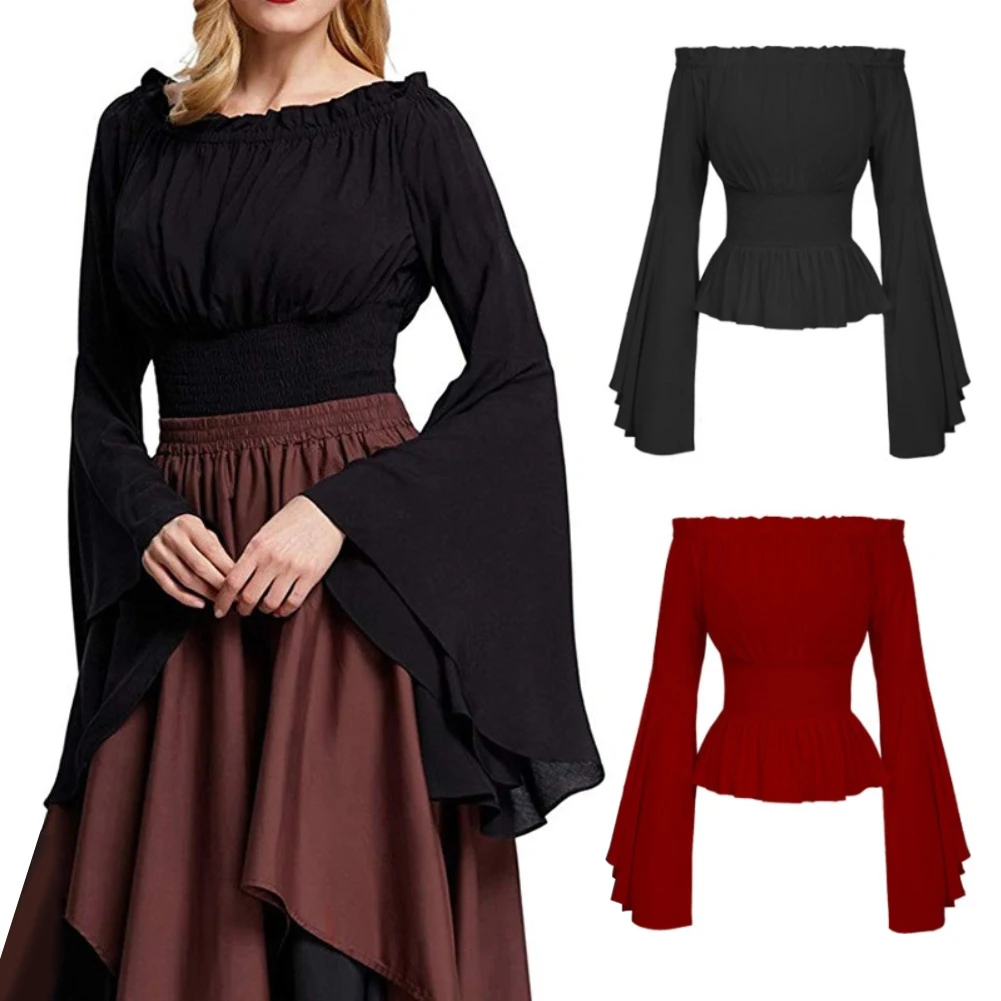 Women Medieval Renaissance Solid Color Bell Sleeve Ruffled Off Shoulder Blouse For Women Off Shoulder Tops Slim Autumn Shirts sexy blouses for women