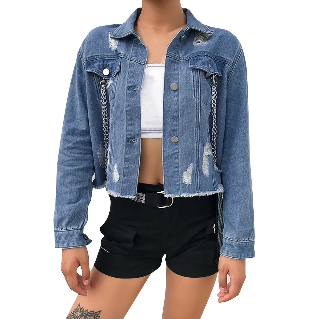 

Women Button Long Sleeve Ripped Pockets Denim Open Front Jean Jacket Overcoat